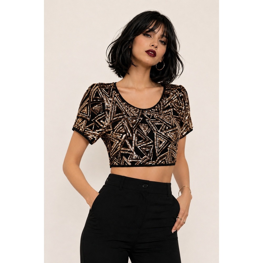 Lucy Paris Sequin Crop Top Womens S Black Gold Geometric Art Deco Glam Disco